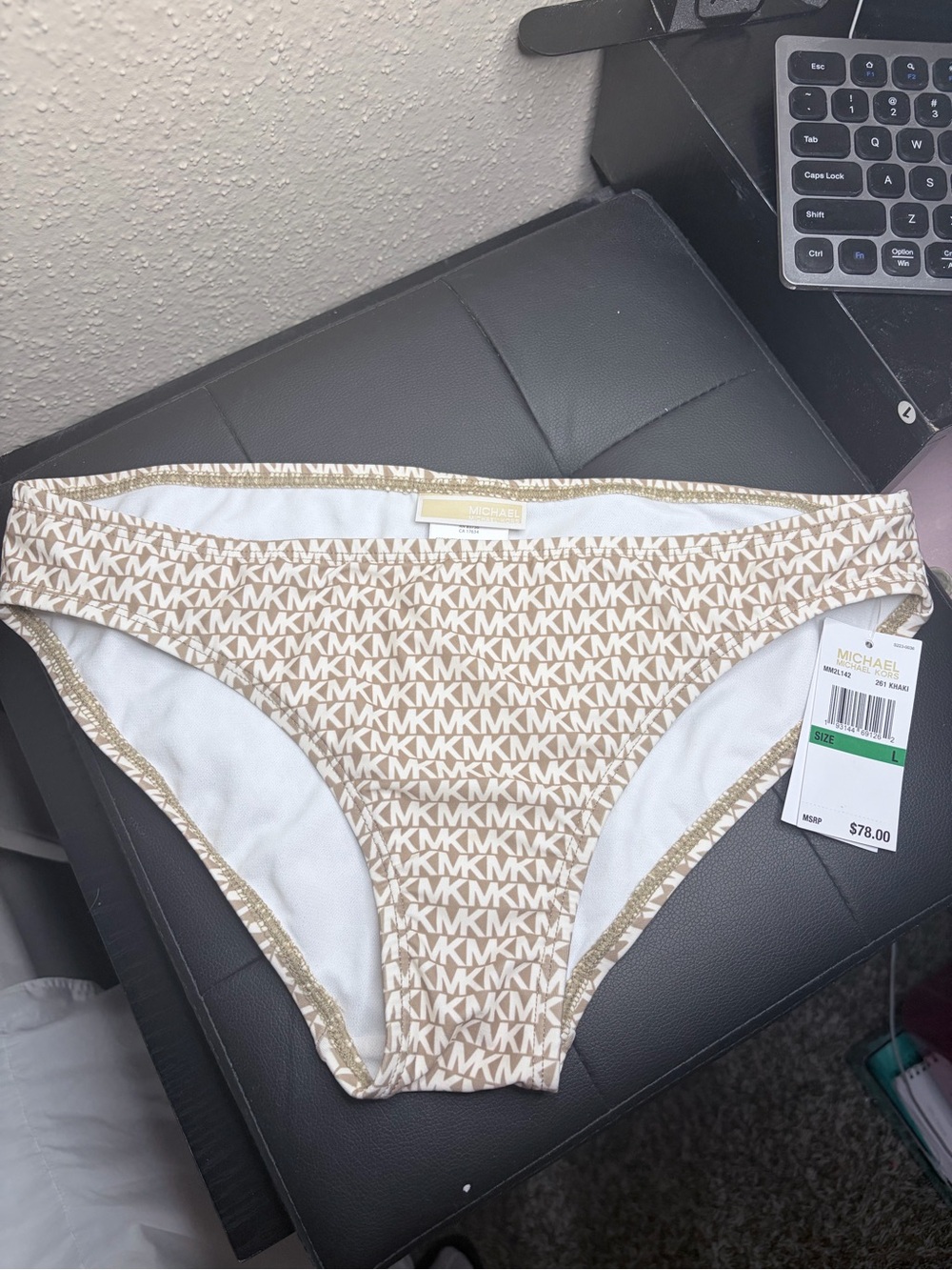 Michael Kors Beige MK Logo Bikini Bottoms with Gold Trim